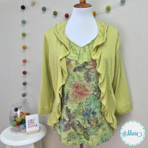 3/4 Sleeve Ruffled Edge Open Front Cardigan - Picture 2 of 13